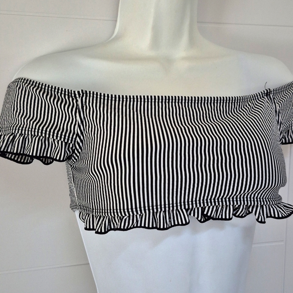 Brave Soul London Frill Off The Shoulder Striped Black White Bikini Top L